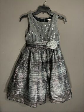 Girls Silver Sequin & Satin Party Dress
